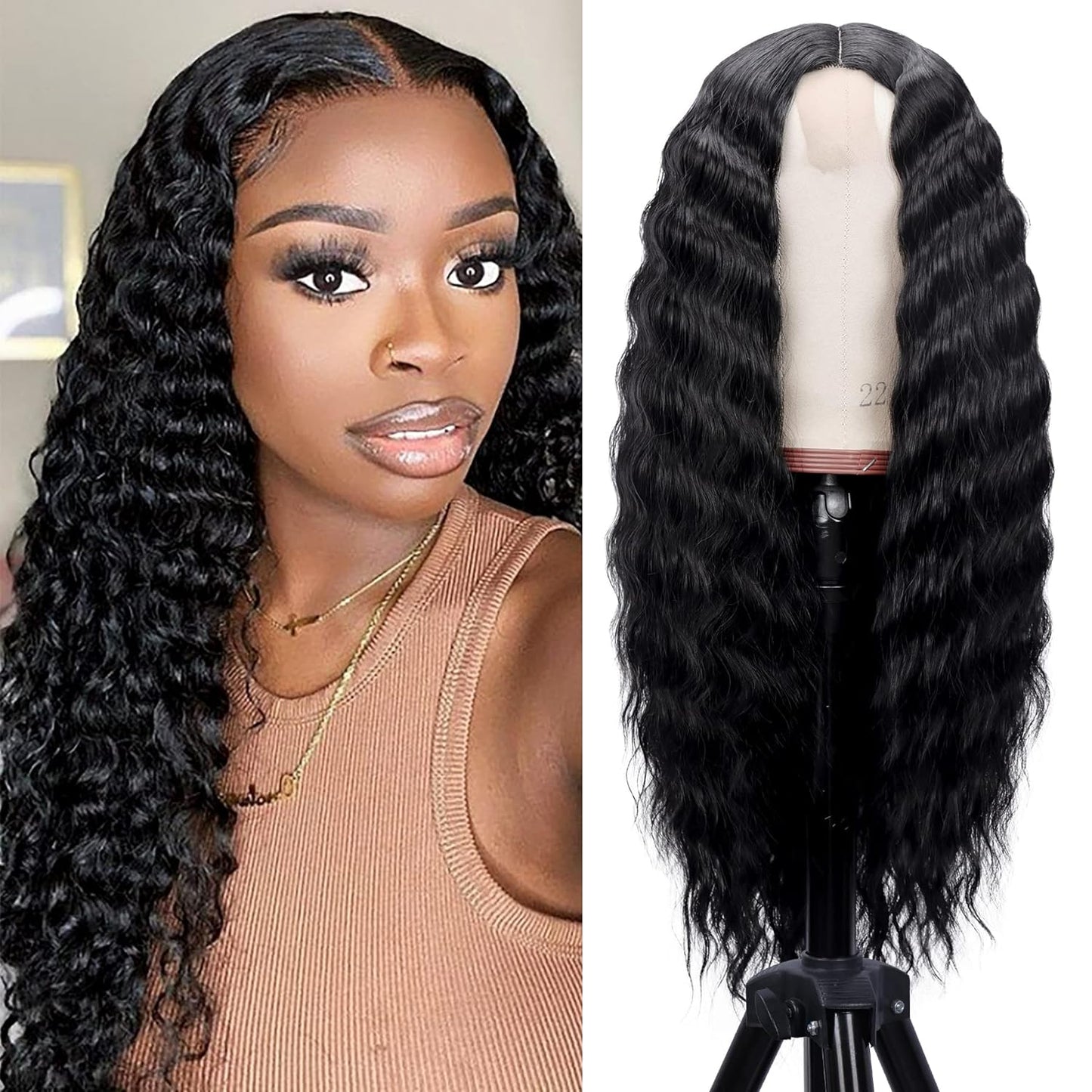 28'' Curly Wig Long Synthetic Wigs for Black Women Loose Deep Wave Lace Front Wig 4'' Simulated Scalp Middle Part Natural Crimps Curls Hair Replacement Wigs