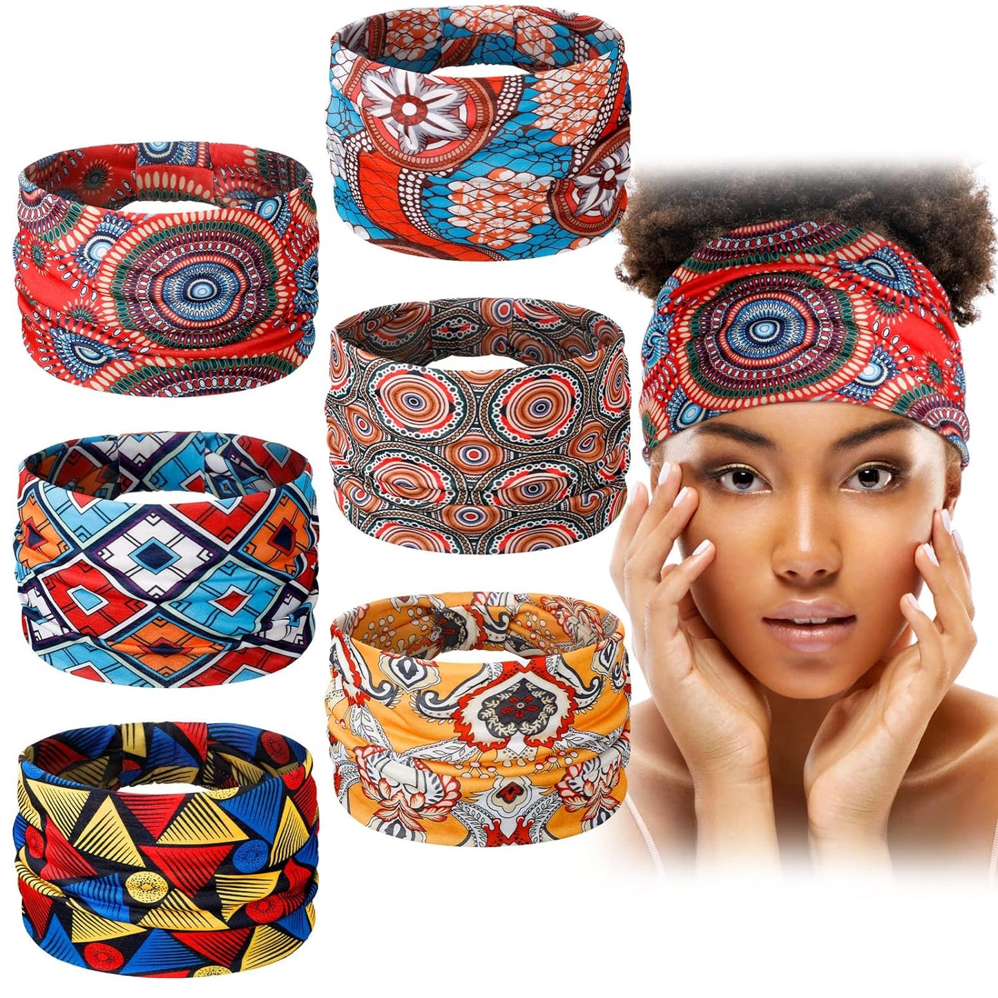 6 Pieces Headband with Buttons for Mask African Boho Knot Turban Headbands Nurse Elastic Headbands Sport Beach Hair Accessories for Women Girls (Bohemian Patterns)