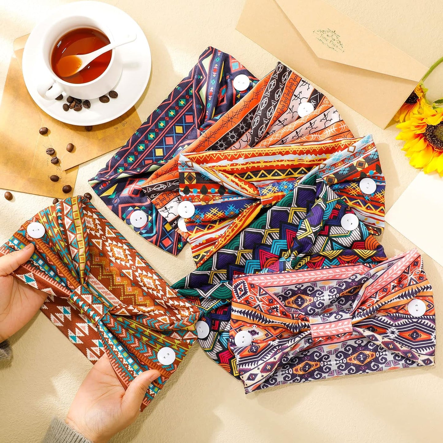 6 Pieces Headband with Buttons for Mask African Boho Knot Turban Headbands Nurse Elastic Headbands Sport Beach Hair Accessories for Women Girls (Bohemian Patterns)