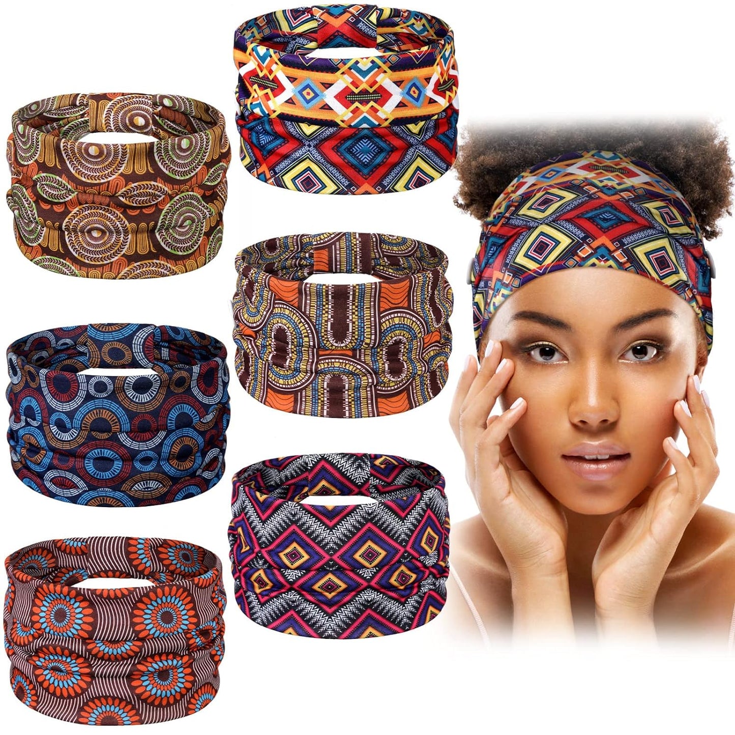 6 Pieces Headband with Buttons for Mask African Boho Knot Turban Headbands Nurse Elastic Headbands Sport Beach Hair Accessories for Women Girls (Bohemian Patterns)