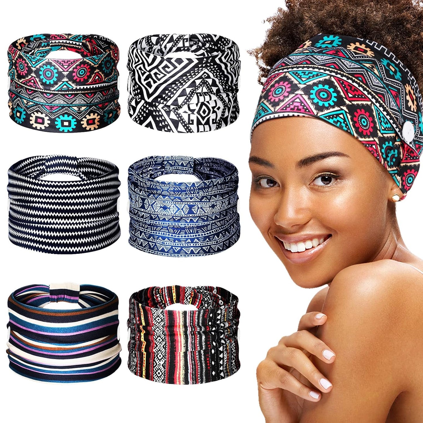6 Pieces Headband with Buttons for Mask African Boho Knot Turban Headbands Nurse Elastic Headbands Sport Beach Hair Accessories for Women Girls (Bohemian Patterns)