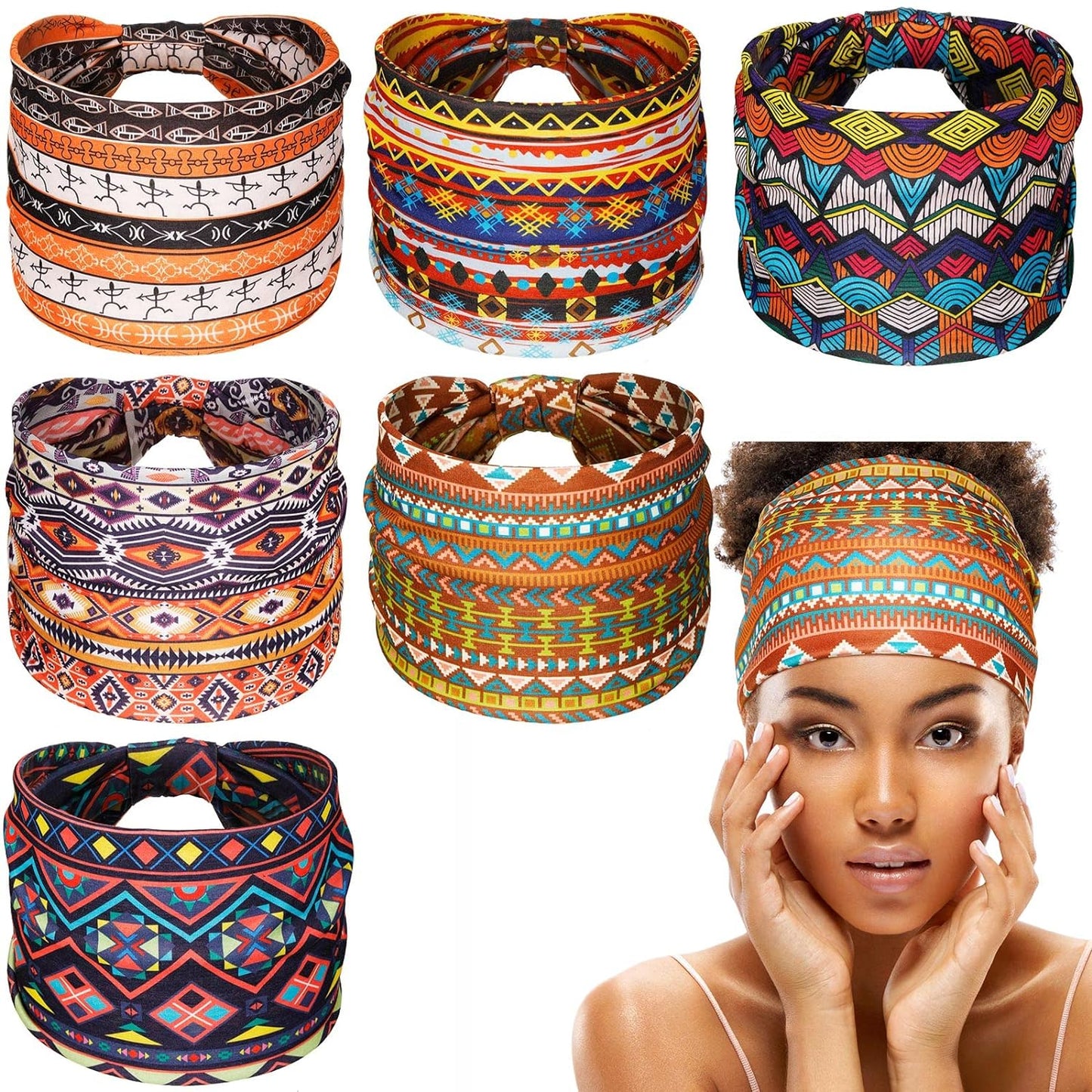 6 Pieces Headband with Buttons for Mask African Boho Knot Turban Headbands Nurse Elastic Headbands Sport Beach Hair Accessories for Women Girls (Bohemian Patterns)