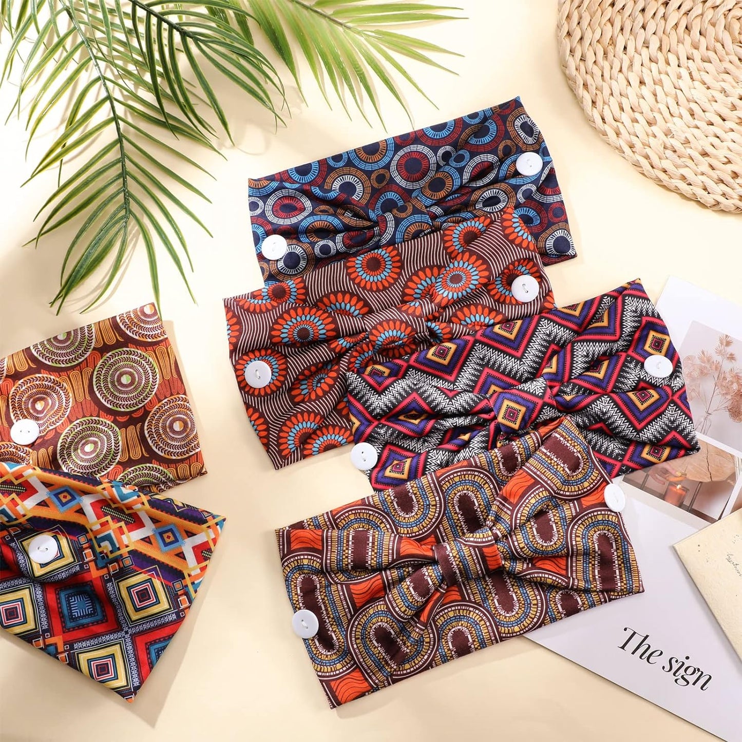6 Pieces Headband with Buttons for Mask African Boho Knot Turban Headbands Nurse Elastic Headbands Sport Beach Hair Accessories for Women Girls (Bohemian Patterns)
