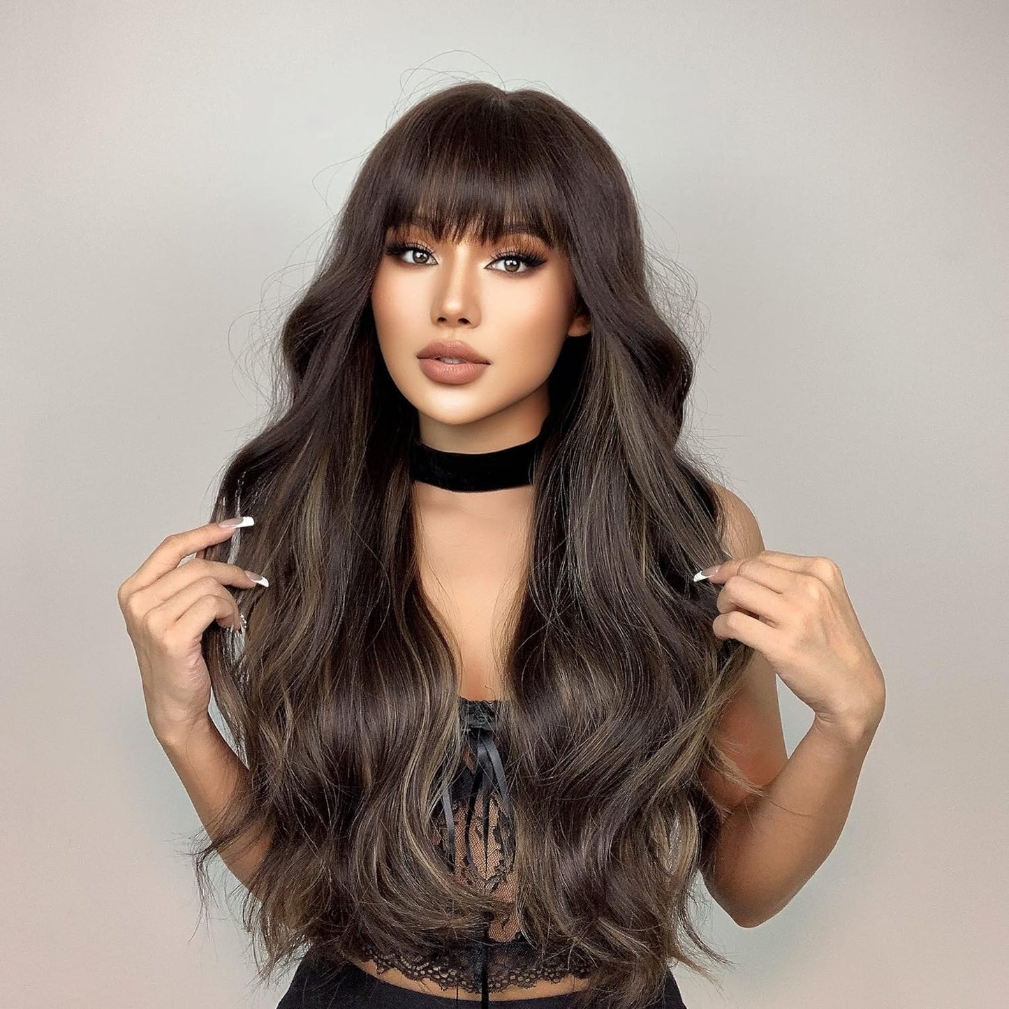 Black Wigs for Women Long Curly Wigs With Bangs Water Wavy Synthetic Wig, Party Cosplay Daily Use