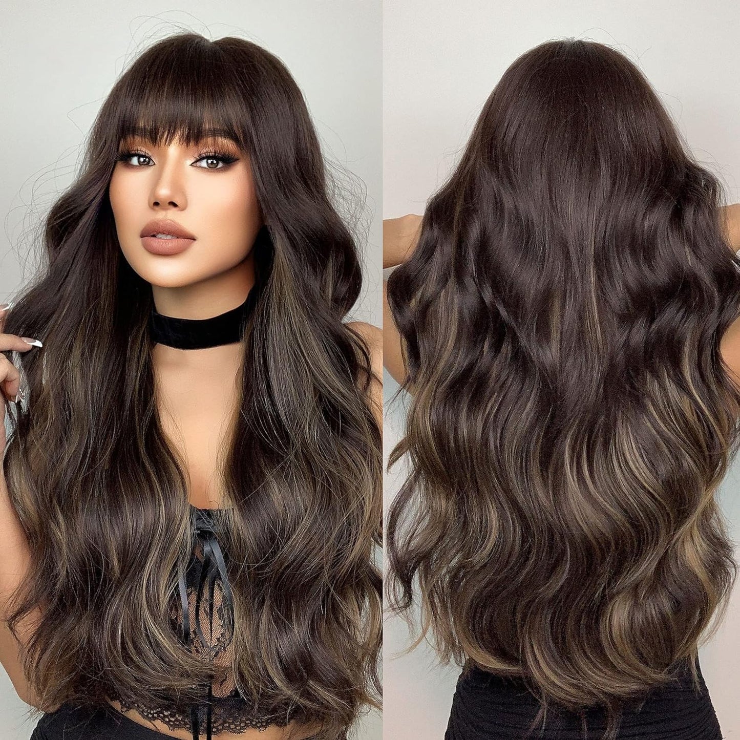 Black Wigs for Women Long Curly Wigs With Bangs Water Wavy Synthetic Wig, Party Cosplay Daily Use