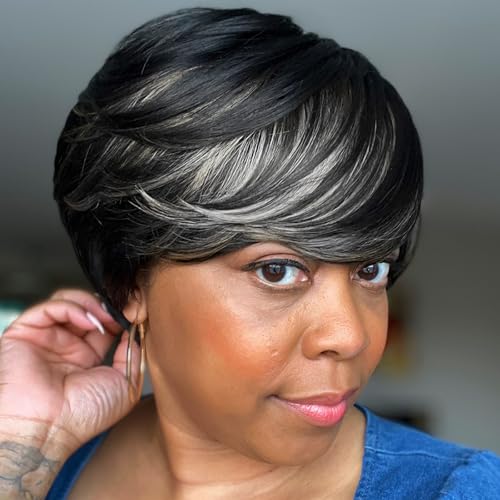 ToyoTress Bob Wig With Bangs - 12 Inch Peek-a-boo Color Short Bob Wig For Black Women Black Mix Brown Daily Costume Wigs, Light Yaki Straight Synthetic Hair Wigs Heat Resistant (12 Inch, SH30-612H)
