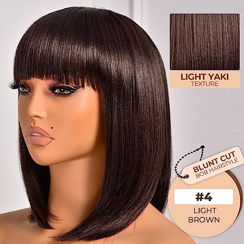 ToyoTress Bob Wig With Bangs - 12 Inch Peek-a-boo Color Short Bob Wig For Black Women Black Mix Brown Daily Costume Wigs, Light Yaki Straight Synthetic Hair Wigs Heat Resistant (12 Inch, SH30-612H)