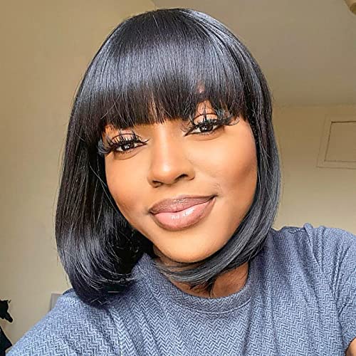 ToyoTress Bob Wig With Bangs - 12 Inch Peek-a-boo Color Short Bob Wig For Black Women Black Mix Brown Daily Costume Wigs, Light Yaki Straight Synthetic Hair Wigs Heat Resistant (12 Inch, SH30-612H)