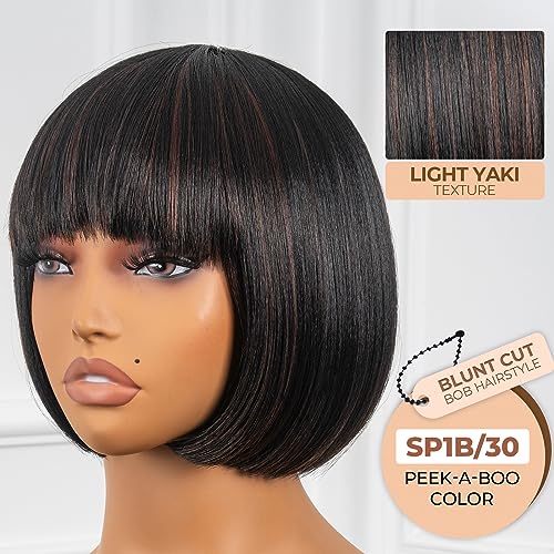 ToyoTress Bob Wig With Bangs - 12 Inch Peek-a-boo Color Short Bob Wig For Black Women Black Mix Brown Daily Costume Wigs, Light Yaki Straight Synthetic Hair Wigs Heat Resistant (12 Inch, SH30-612H)