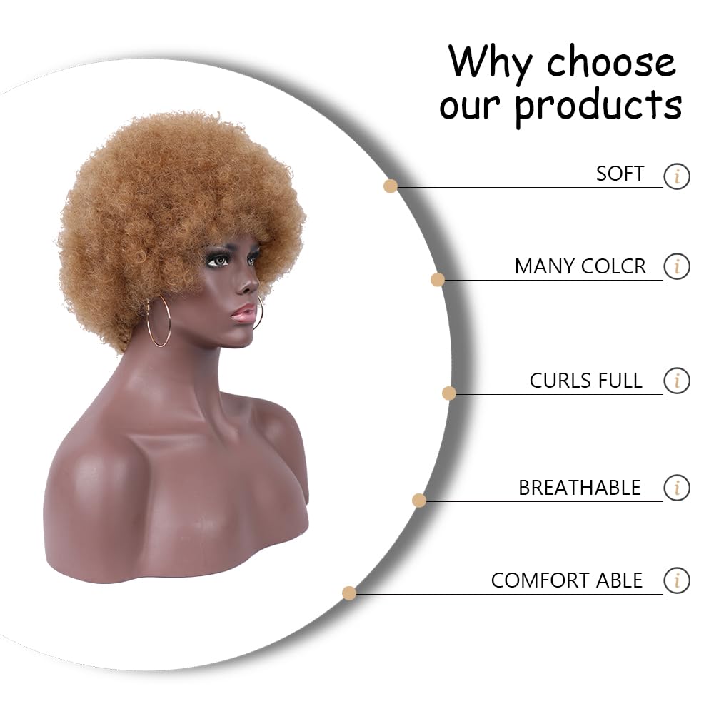 Curly Wigs for Black Women Soft Honey Blonde Short Curly Wig with Bangs Afro Loose Curls Wig for African American Women (1B/30)
