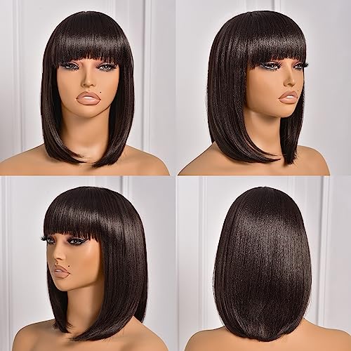 ToyoTress Bob Wig With Bangs - 12 Inch Peek-a-boo Color Short Bob Wig For Black Women Black Mix Brown Daily Costume Wigs, Light Yaki Straight Synthetic Hair Wigs Heat Resistant (12 Inch, SH30-612H)