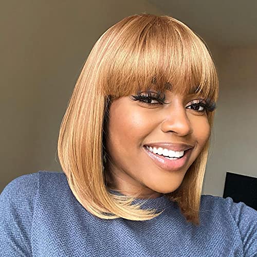 ToyoTress Bob Wig With Bangs - 12 Inch Peek-a-boo Color Short Bob Wig For Black Women Black Mix Brown Daily Costume Wigs, Light Yaki Straight Synthetic Hair Wigs Heat Resistant (12 Inch, SH30-612H)