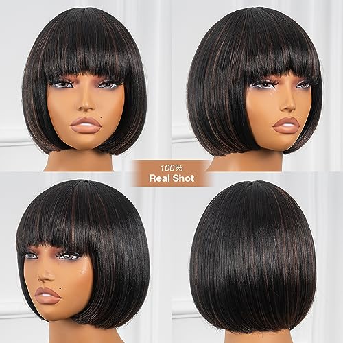 ToyoTress Bob Wig With Bangs - 12 Inch Peek-a-boo Color Short Bob Wig For Black Women Black Mix Brown Daily Costume Wigs, Light Yaki Straight Synthetic Hair Wigs Heat Resistant (12 Inch, SH30-612H)