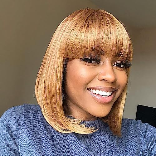 ToyoTress Bob Wig With Bangs - 12 Inch Peek-a-boo Color Short Bob Wig For Black Women Black Mix Brown Daily Costume Wigs, Light Yaki Straight Synthetic Hair Wigs Heat Resistant (12 Inch, SH30-612H)