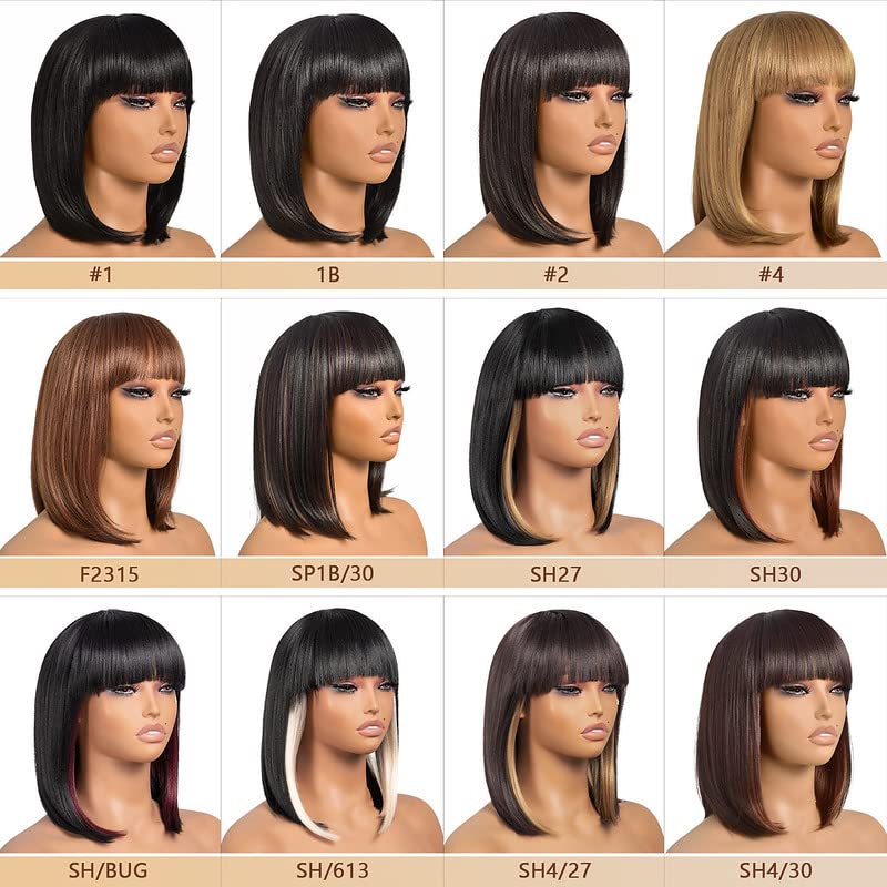 ToyoTress Bob Wig With Bangs - 12 Inch Peek-a-boo Color Short Bob Wig For Black Women Black Mix Brown Daily Costume Wigs, Light Yaki Straight Synthetic Hair Wigs Heat Resistant (12 Inch, SH30-612H)