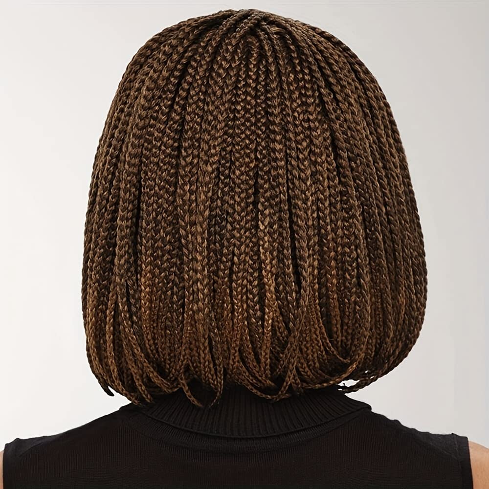 Box Braid Wig Synthetic Short Bob Wig Box Braided Wig with Bangs Cornrow Braided Wigs for Black Women (10 inches, Brown)