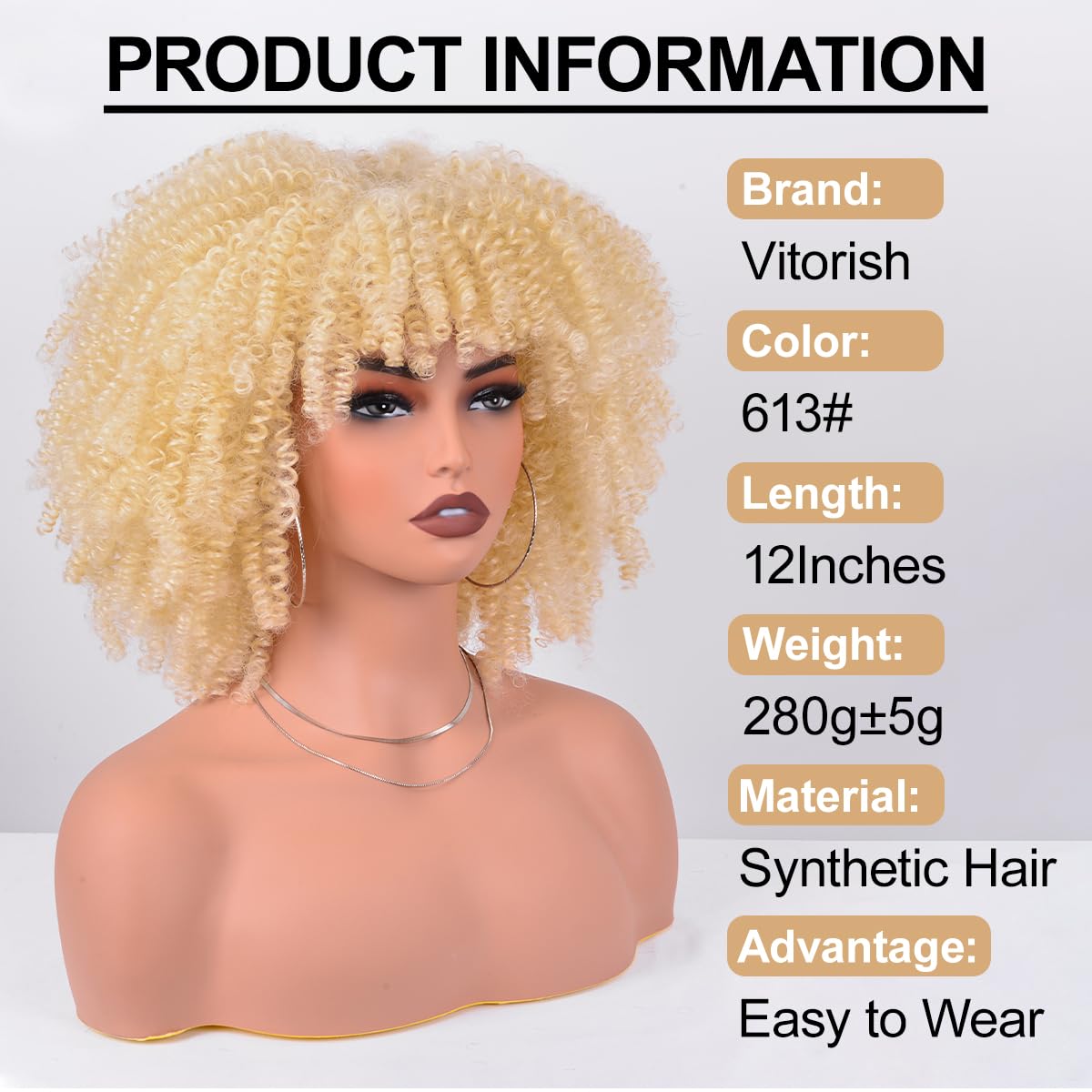 Afro Curly Wig with Bangs 12 Inches Synthetic Afro Wig for Women about 280g/Pcs Heat Resistant Black Short Kinky Curly Wigs for Daily Party