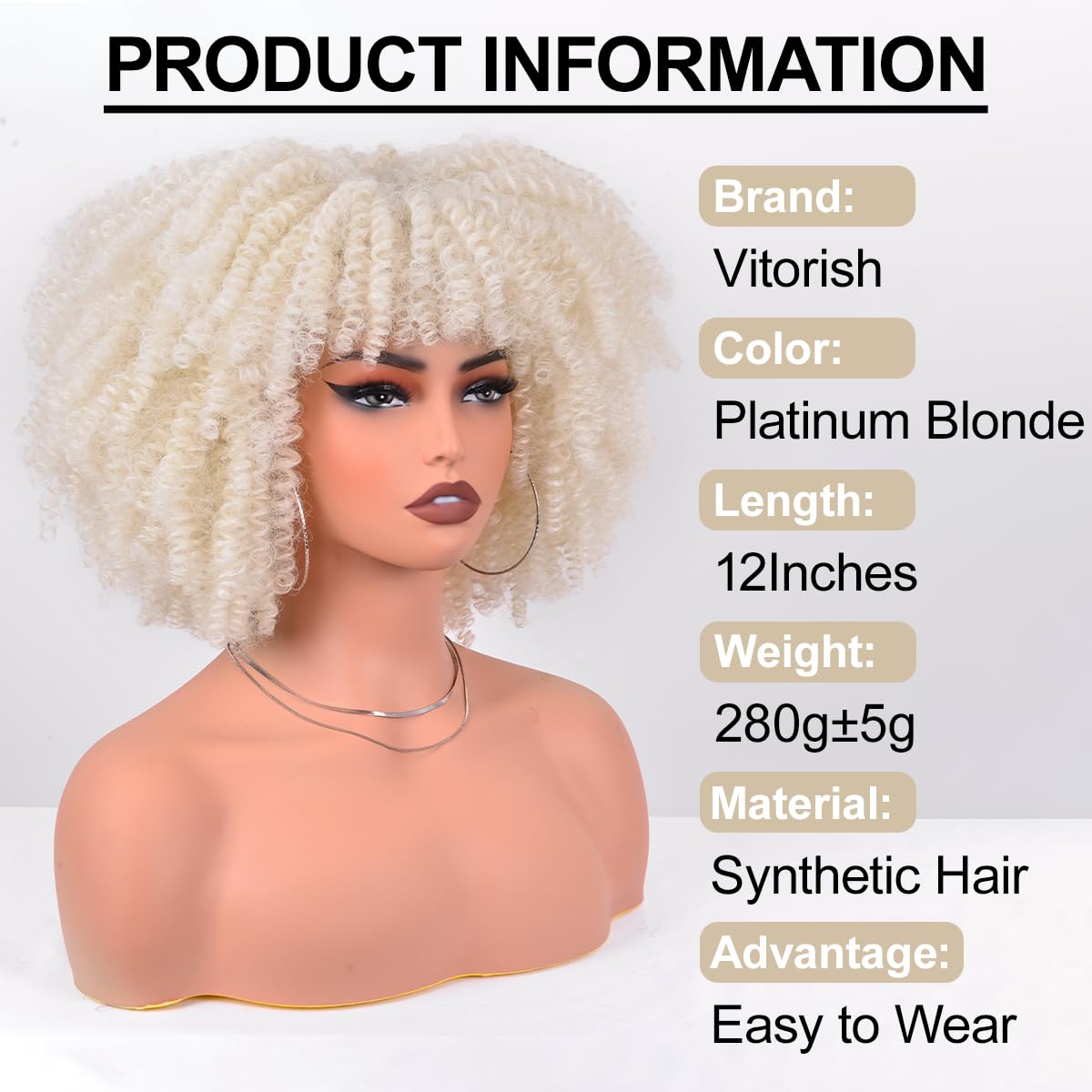 Afro Curly Wig with Bangs 12 Inches Synthetic Afro Wig for Women about 280g/Pcs Heat Resistant Black Short Kinky Curly Wigs for Daily Party