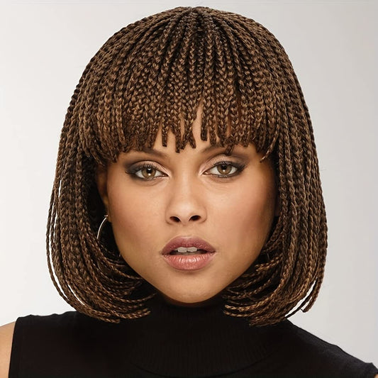 Box Braid Wig Synthetic Short Bob Wig Box Braided Wig with Bangs Cornrow Braided Wigs for Black Women (10 inches, Brown)