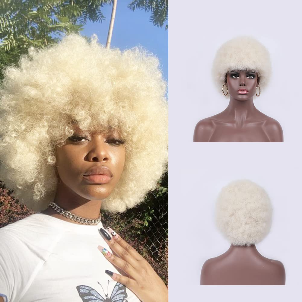 Curly Wigs for Black Women Soft Honey Blonde Short Curly Wig with Bangs Afro Loose Curls Wig for African American Women (1B/30)