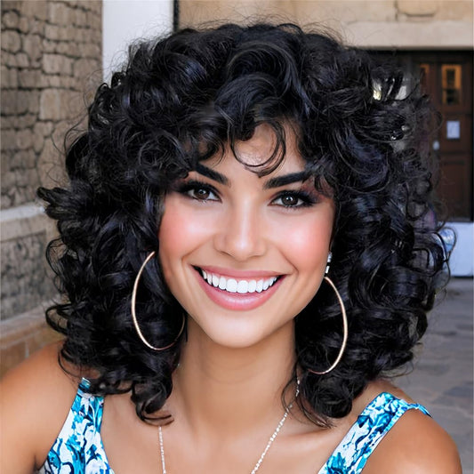 AIDUSA Curly Wigs for Black Women Synthetic Loose Curly Wigs with Bangs 14 Inch Wig Black Natural Bob Wigs for Women (#1B Natural Black)