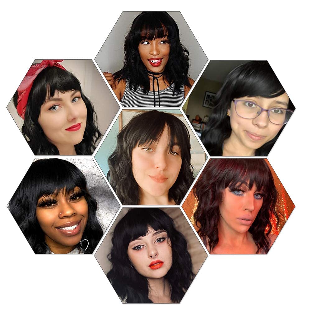 Black Mixed Brown Wig for Black Women 14 Inch Short Wavy Hair Wigs Curly Bob Wig with Bangs Wigs Shoulder Length Wigs for Black Women Bob Style Synthetic Heat Resistant Bob Wigs