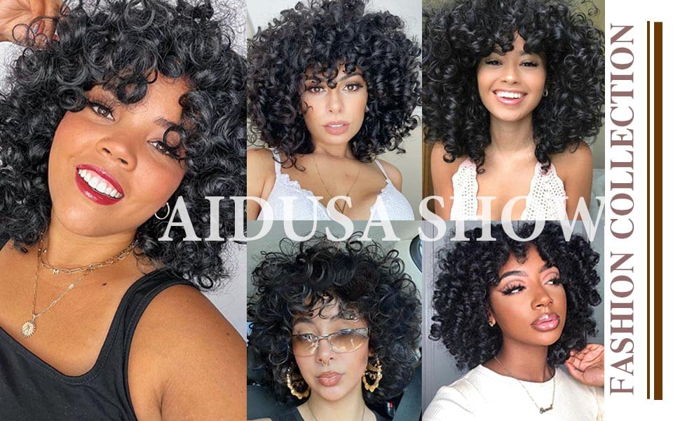 AIDUSA Short Loose Curly Wigs for Black Women Afro Wig for Black Women Curly Wig for Women Synthetic Wigs for Women Fluffy Natural Soft Hair (#1B Natural Black)