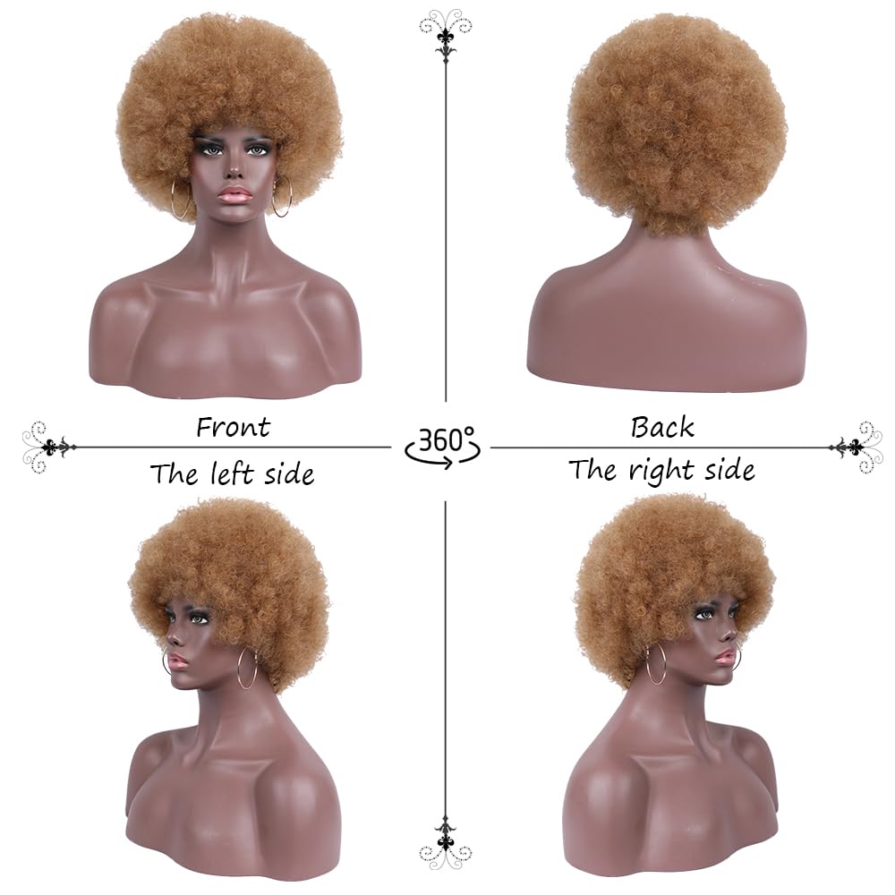 Curly Wigs for Black Women Soft Honey Blonde Short Curly Wig with Bangs Afro Loose Curls Wig for African American Women (1B/30)