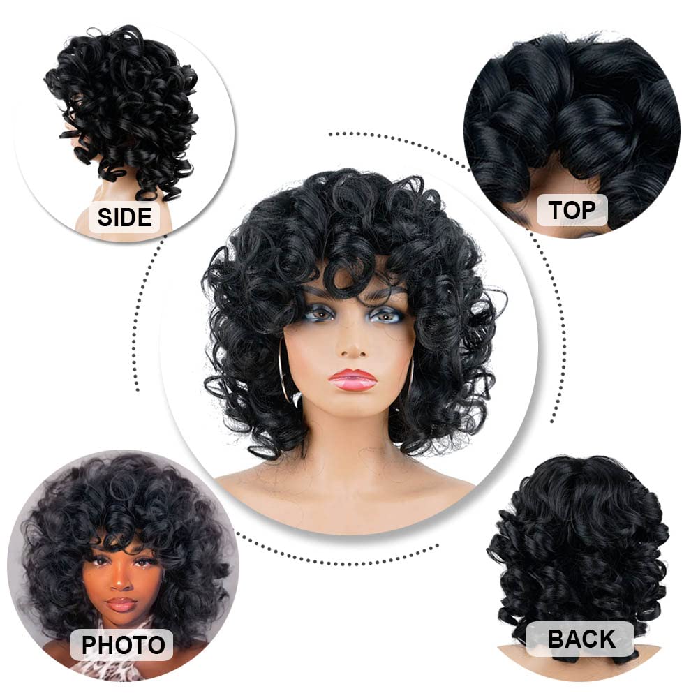 AIDUSA Curly Wigs for Black Women Synthetic Loose Curly Wigs with Bangs 14 Inch Wig Black Natural Bob Wigs for Women (#1B Natural Black)