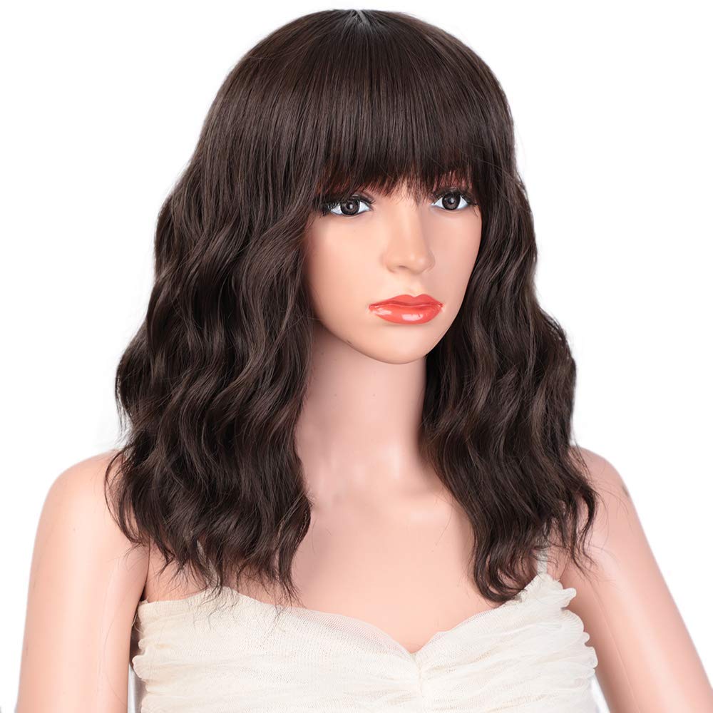 Black Mixed Brown Wig for Black Women 14 Inch Short Wavy Hair Wigs Curly Bob Wig with Bangs Wigs Shoulder Length Wigs for Black Women Bob Style Synthetic Heat Resistant Bob Wigs
