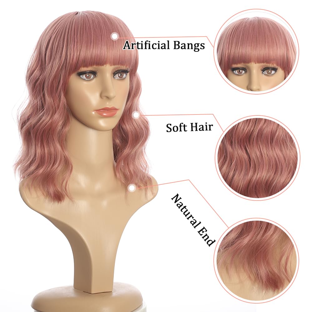 Black Mixed Brown Wig for Black Women 14 Inch Short Wavy Hair Wigs Curly Bob Wig with Bangs Wigs Shoulder Length Wigs for Black Women Bob Style Synthetic Heat Resistant Bob Wigs