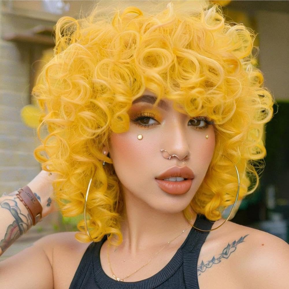 Curly Wigs for Black Women Soft Honey Blonde Short Curly Wig with Bangs Afro Loose Curls Wig for African American Women (1B/30)