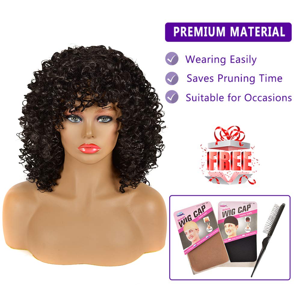 YEAME Curly Wigs for Black Women - Afro Curly Wig with Bangs, Natural Black, Heat Resistant, 15" Full Wig, 150% Density, Glueless, 1 Count