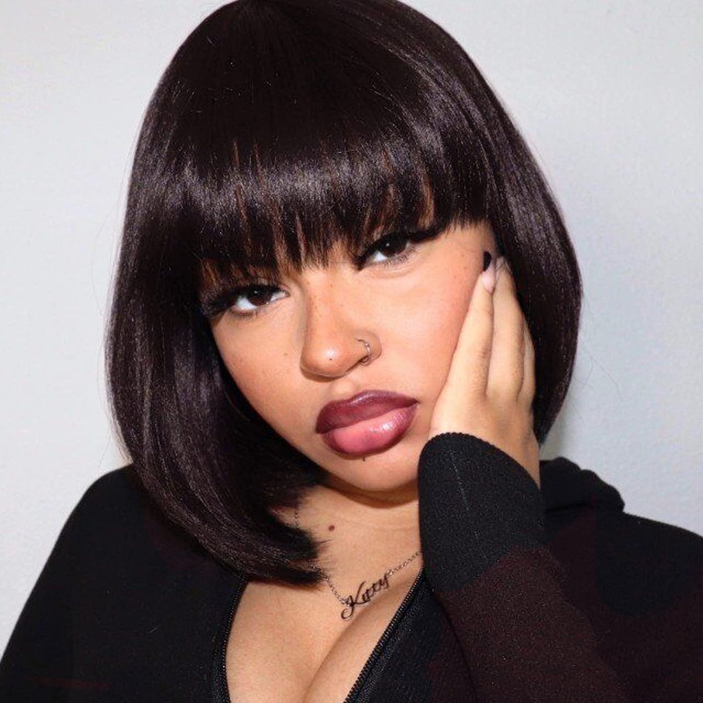 ToyoTress Bob Wig With Bangs - 12 Inch Peek-a-boo Color Short Bob Wig For Black Women Black Mix Brown Daily Costume Wigs, Light Yaki Straight Synthetic Hair Wigs Heat Resistant (12 Inch, SH30-612H)