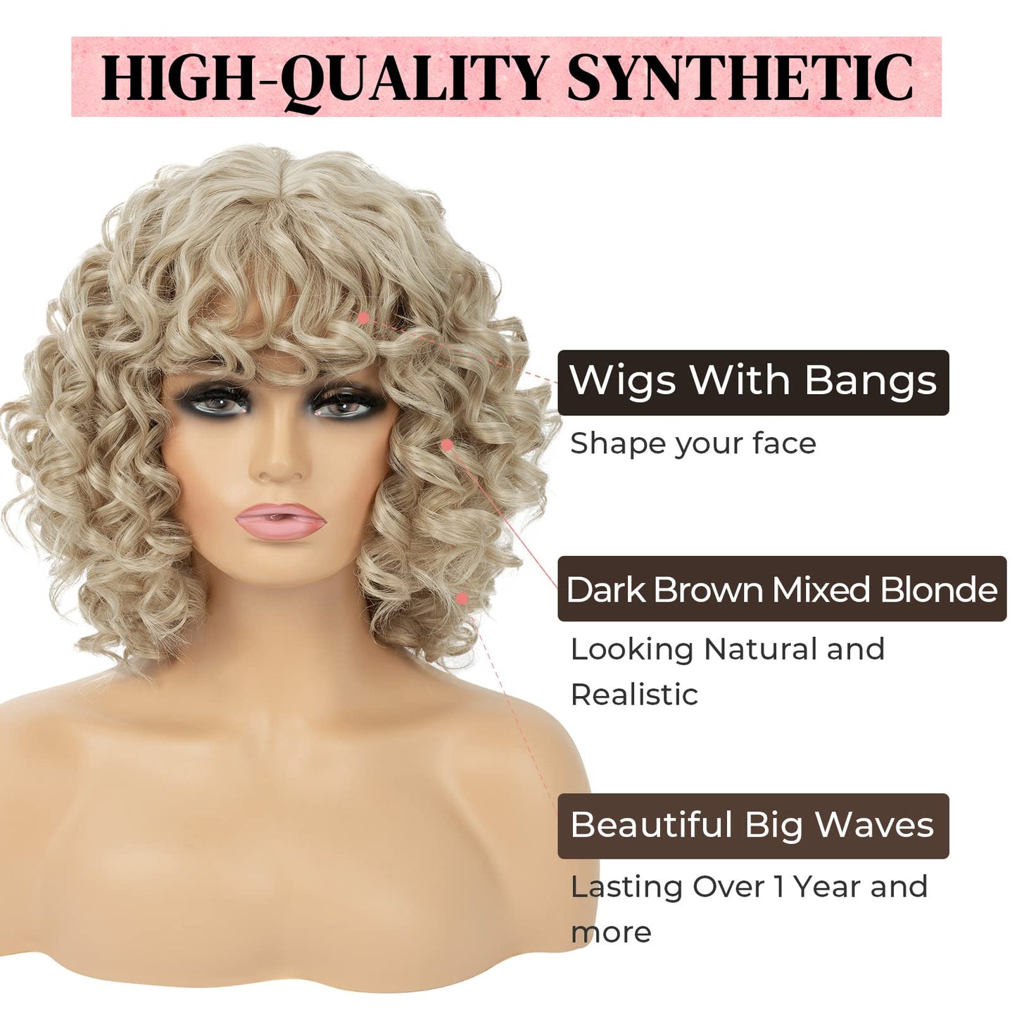 LONAI Curly Wig with Bangs for Black Women Long Black Kinky Wigs with Wispy Bangs WIG006 Curly Gorgeous Fringe Synthetic Wig for Daily Use Party Cosplay-Black