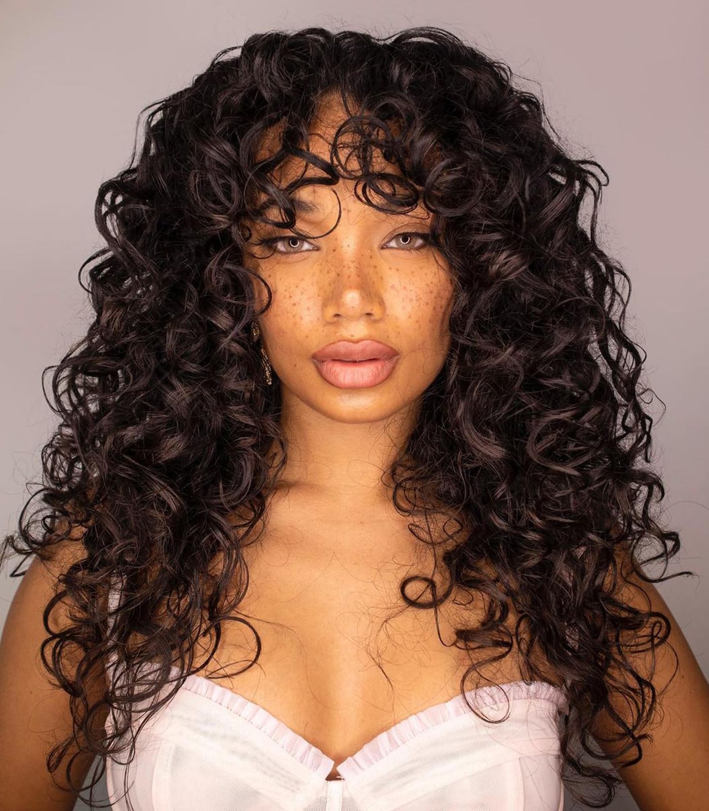GKtineke-Curly-Wig Big-Curly-Wigs-for-White-Black-Women 20 Inch- Long-Curly-Wig-with-Bangs Synthetic-Hair-Replacement-Wigs-for- Cosplay and Daily(Ombre Ginger… (Brown)