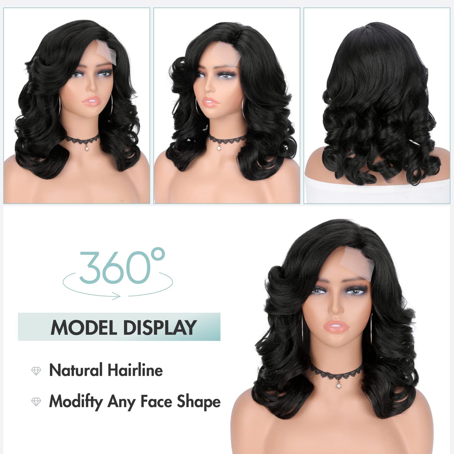 WIGER Short Wavy Wigs for Women Black Loose Wave Bob Hair Wig 14 Inch Side Part Big Curly Glueless Lace Part Hair Synthetic Curly Wig for Daily or Party