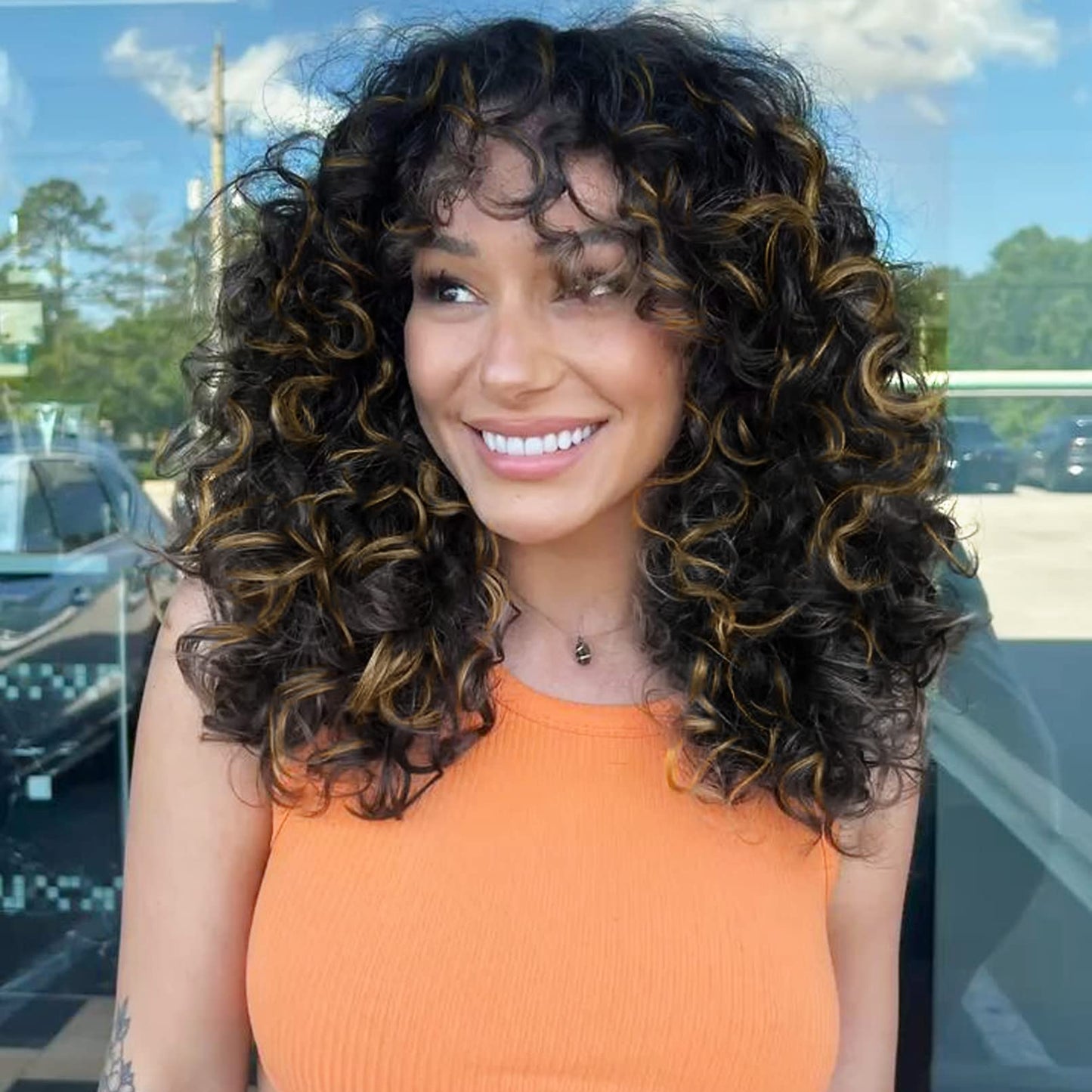 LONAI Curly Wig with Bangs for Black Women Long Black Kinky Wigs with Wispy Bangs WIG006 Curly Gorgeous Fringe Synthetic Wig for Daily Use Party Cosplay-Black