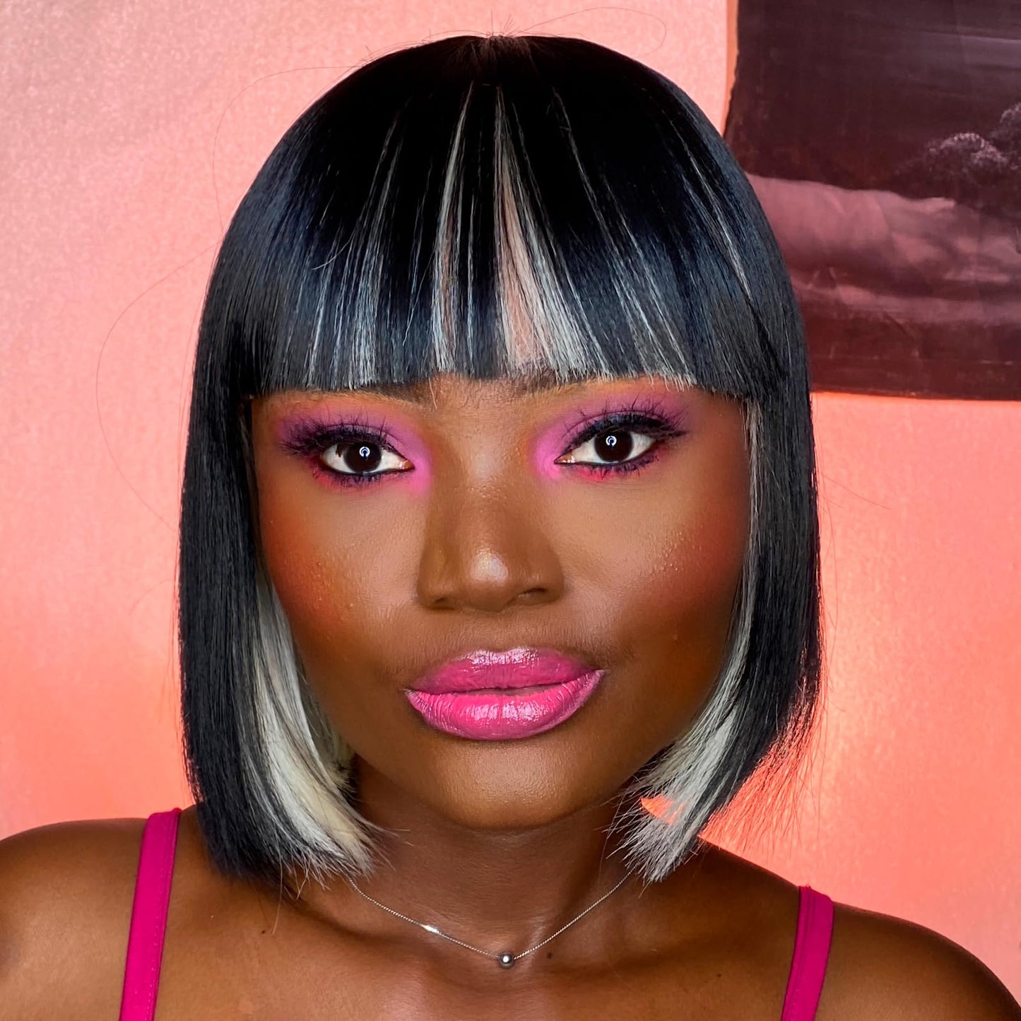 ToyoTress Bob Wig With Bangs - 12 Inch Peek-a-boo Color Short Bob Wig For Black Women Black Mix Brown Daily Costume Wigs, Light Yaki Straight Synthetic Hair Wigs Heat Resistant (12 Inch, SH30-612H)