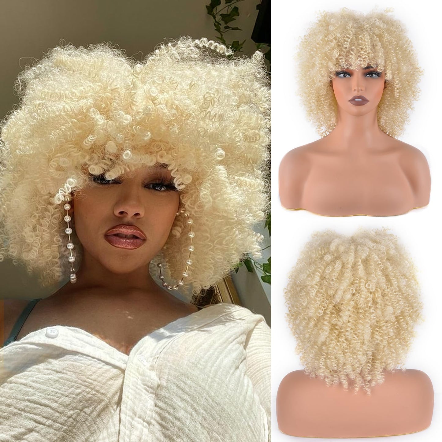 Afro Curly Wig with Bangs 12 Inches Synthetic Afro Wig for Women about 280g/Pcs Heat Resistant Black Short Kinky Curly Wigs for Daily Party