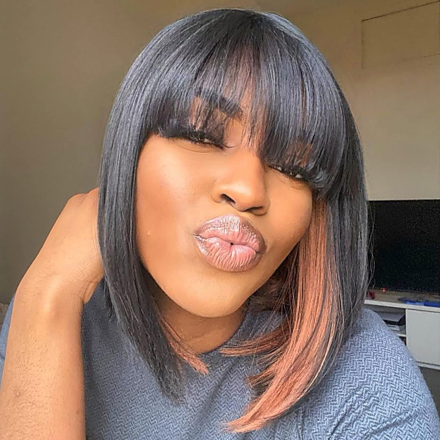 ToyoTress Bob Wig With Bangs - 12 Inch Peek-a-boo Color Short Bob Wig For Black Women Black Mix Brown Daily Costume Wigs, Light Yaki Straight Synthetic Hair Wigs Heat Resistant (12 Inch, SH30-612H)