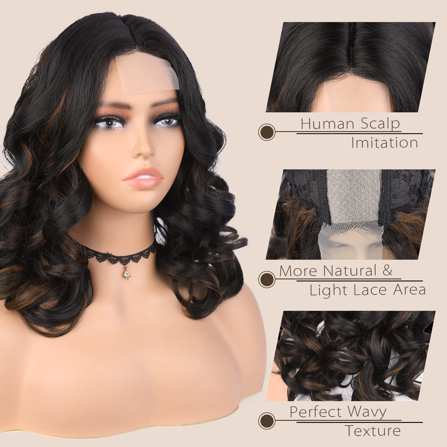 WIGER Short Wavy Wigs for Women Black Loose Wave Bob Hair Wig 14 Inch Side Part Big Curly Glueless Lace Part Hair Synthetic Curly Wig for Daily or Party