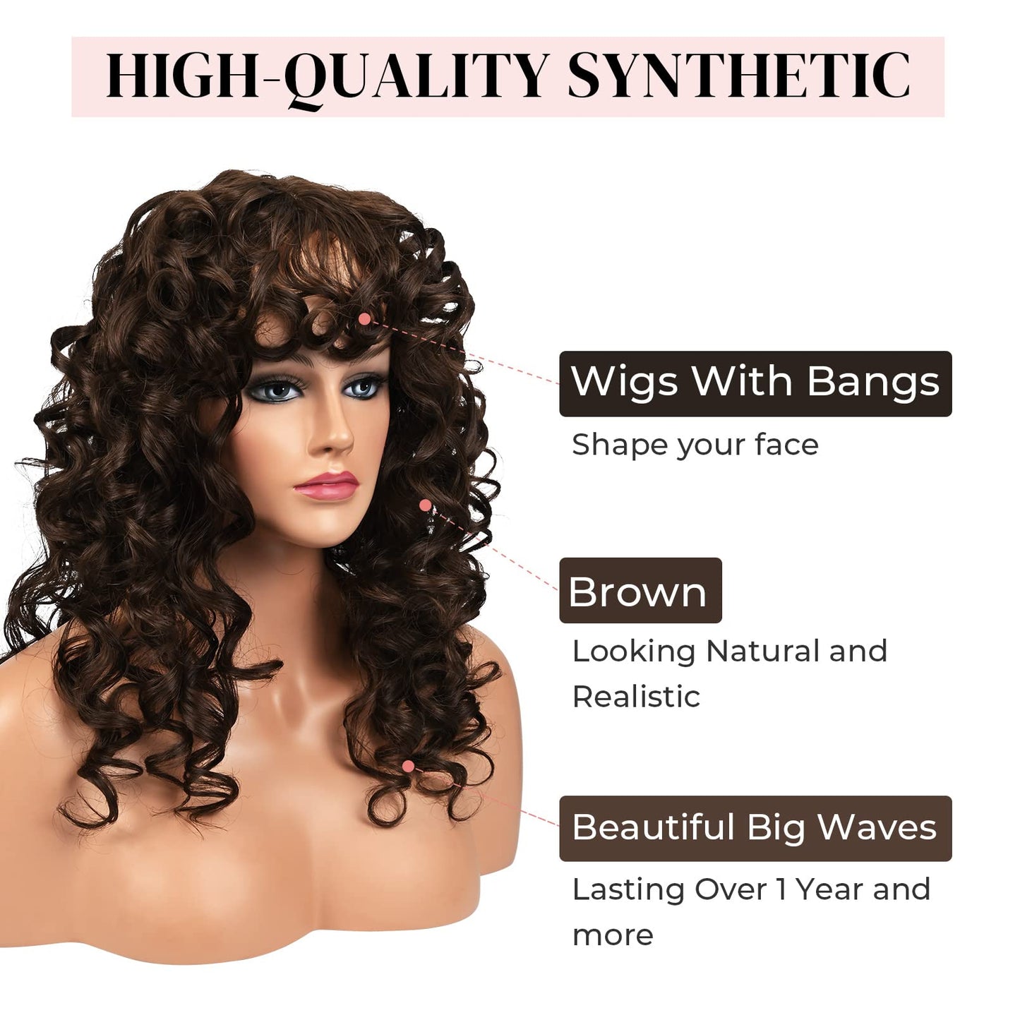 LONAI Curly Wig with Bangs for Black Women Long Black Kinky Wigs with Wispy Bangs WIG006 Curly Gorgeous Fringe Synthetic Wig for Daily Use Party Cosplay-Black
