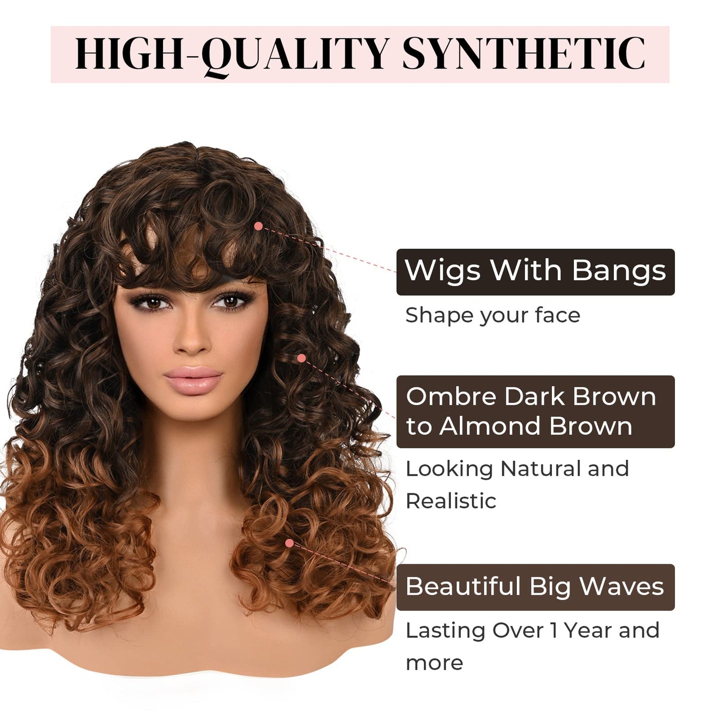 LONAI Curly Wig with Bangs for Black Women Long Black Kinky Wigs with Wispy Bangs WIG006 Curly Gorgeous Fringe Synthetic Wig for Daily Use Party Cosplay-Black