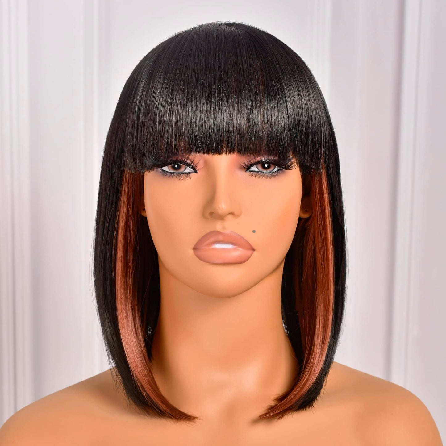 ToyoTress Bob Wig With Bangs - 12 Inch Peek-a-boo Color Short Bob Wig For Black Women Black Mix Brown Daily Costume Wigs, Light Yaki Straight Synthetic Hair Wigs Heat Resistant (12 Inch, SH30-612H)