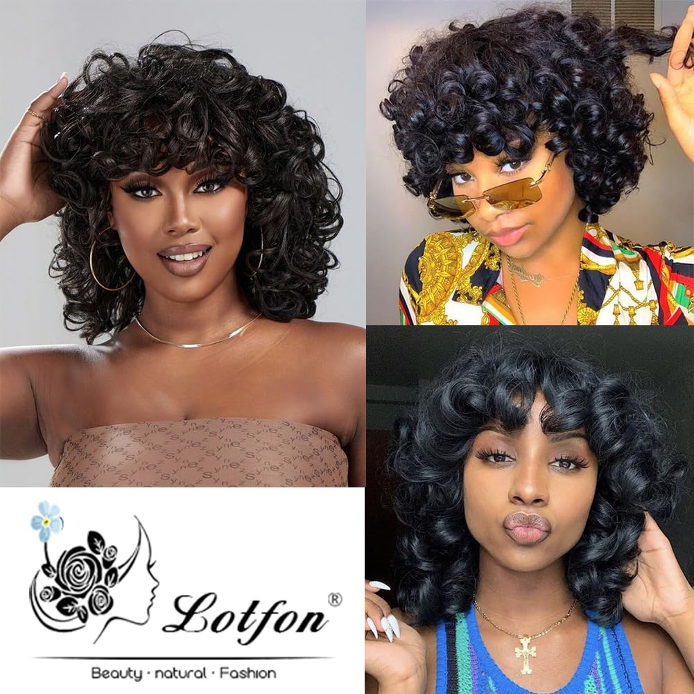 Curly Wigs for Black Women Soft Honey Blonde Short Curly Wig with Bangs Afro Loose Curls Wig for African American Women (1B/30)