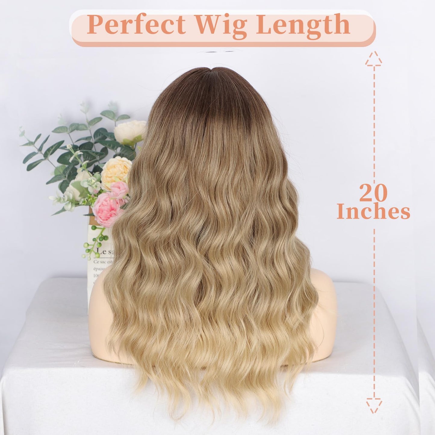 Blonde Wig with Bangs Dirty Blonde Wig for Women Long Wavy Curly Heat Resistant Fiber Synthetic for Daily Party Use (20inch)