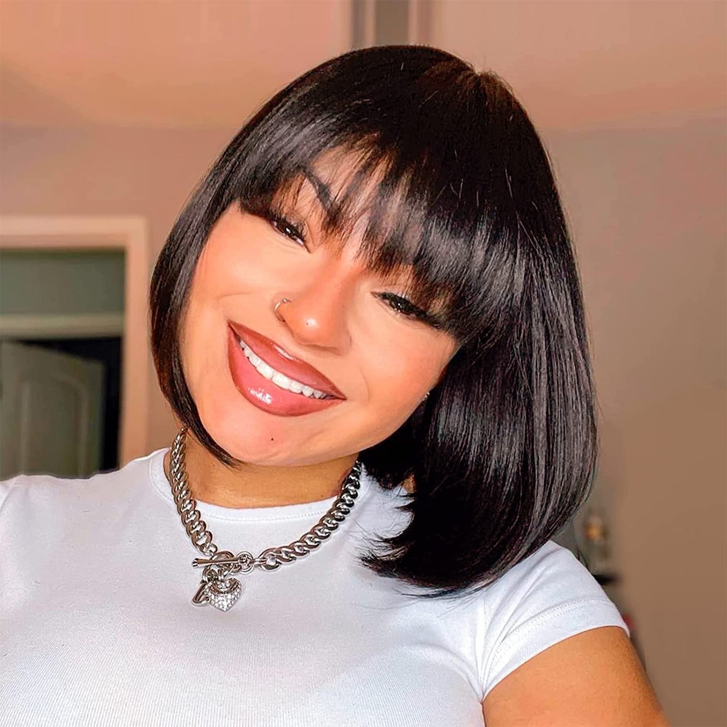 ToyoTress Bob Wig With Bangs - 12 Inch Peek-a-boo Color Short Bob Wig For Black Women Black Mix Brown Daily Costume Wigs, Light Yaki Straight Synthetic Hair Wigs Heat Resistant (12 Inch, SH30-612H)