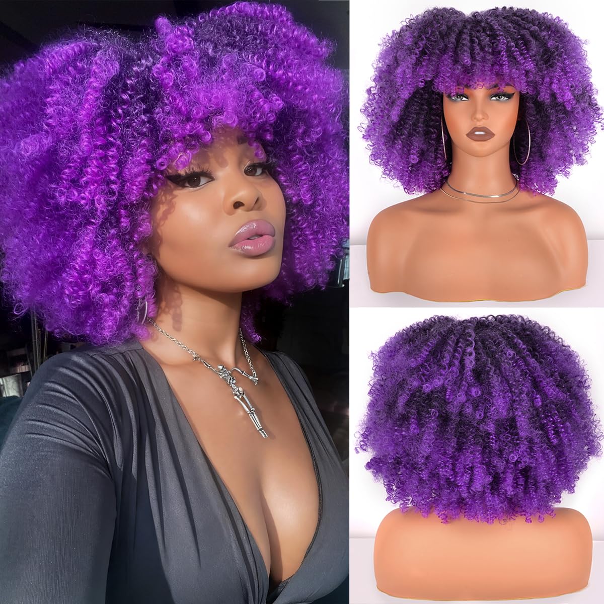 Afro Curly Wig with Bangs 12 Inches Synthetic Afro Wig for Women about 280g/Pcs Heat Resistant Black Short Kinky Curly Wigs for Daily Party