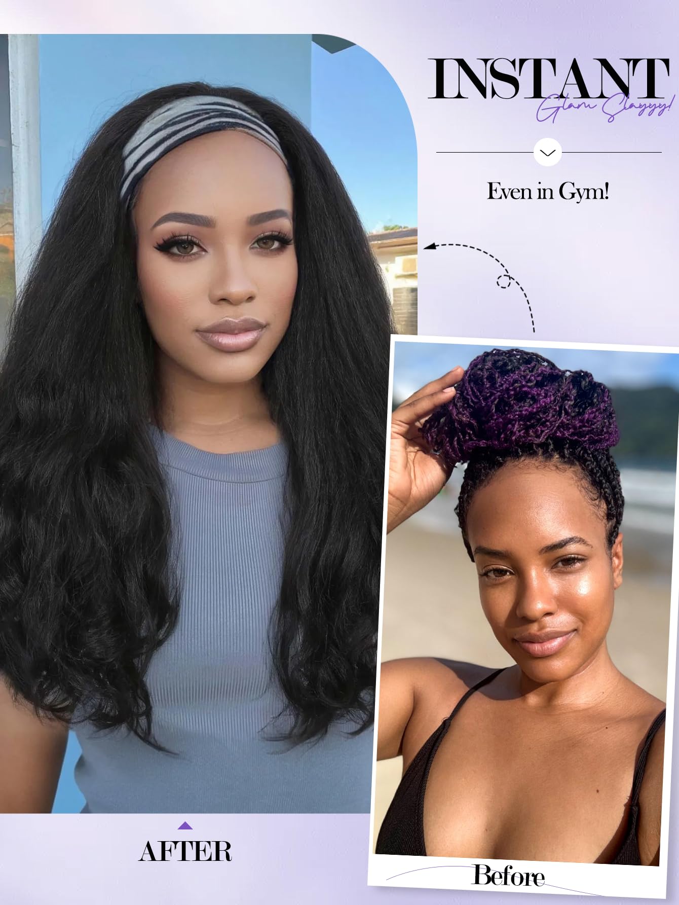 Yaki Wavy Headband Wigs for Black Women 26 Inch Black Kinky Straight Wear and Go Wig with Curly Wavy Ends Synthetic Glueless Half Wig with Headbands Attached Blow Out Style Natural Hair Texture